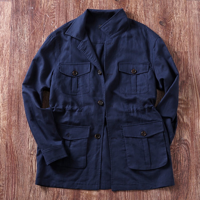 100% Linen Men British Outdoor Coat Safari Jacket Multi Pockets Hunting Coat Top