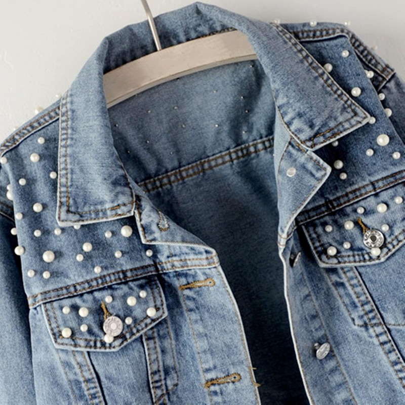 Oversize Pearl Embroidered Ripped Distressed Women Denim Jacket Casual Long Slee gallery