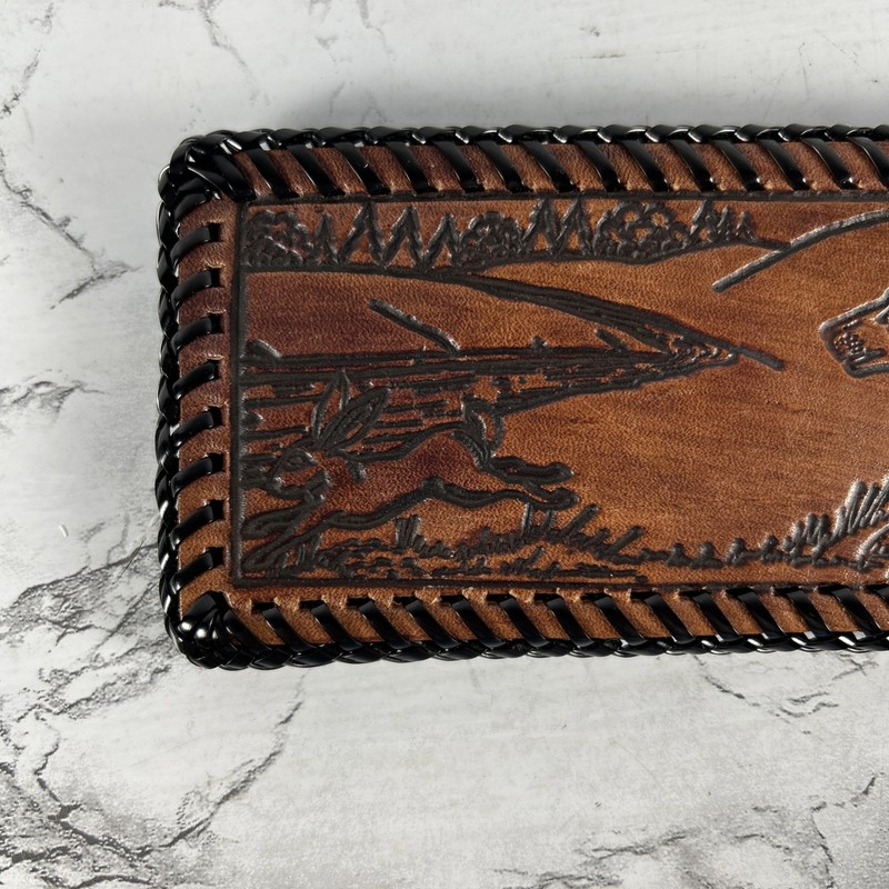 Leather Bifold Wallet Hand Tooled Embossed Hunting Dog Rabbit Stitching On Edge gallery