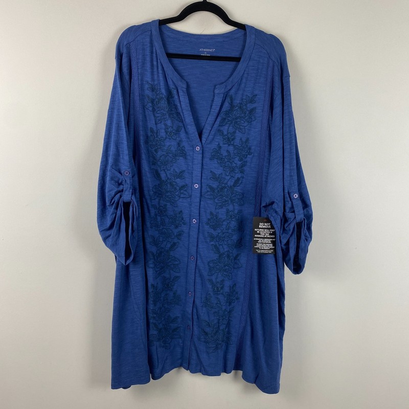 Catherines Embroidered Button Front Tunic Size 5X Blue Floral Cotton Modal