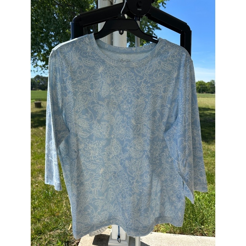 National UltraSofts Women 3/4 Sleeve Floral Knit Top Light Blue White Size PXL gallery