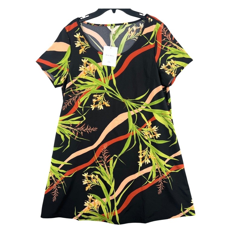 Dina Weis Women’s Floral Shift Swing Dress Short Sleeve Black Botanical Size L