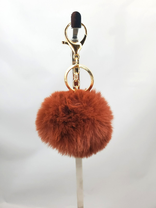 Brown Purse Charm Keychain Key Fob Fluffy Plush Ball Key Ring Pom-Pom gallery