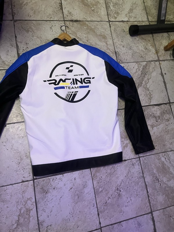 Men’s Racing Team Full Zip Jacket White/Black/Blue Band Collar Logo