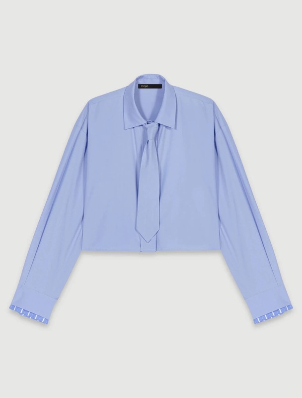 NWT Maje Light Blue Cropped Button Down Shirt with Removable Tie Size S Small