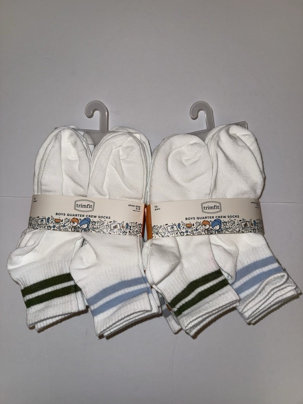 Trimfit Boys Quarter Crew Socks 20 Pair White Size 2-6 Striped Athletic NEW