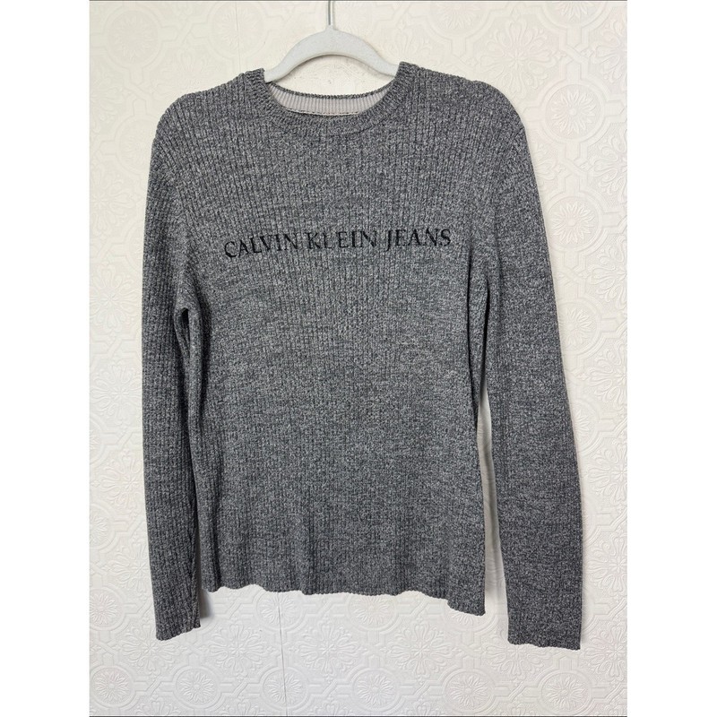Y2K Calvin Klein Jeans Gray Ribbed Logo Sweater Size Medium
