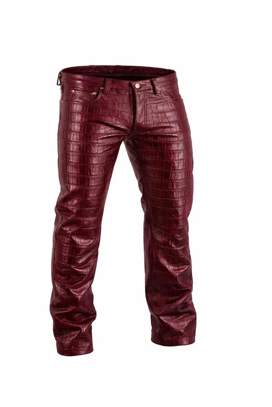 Men Burgundy Crocodile Embossed Leather Pants High Waist Slim Fit Streetwear