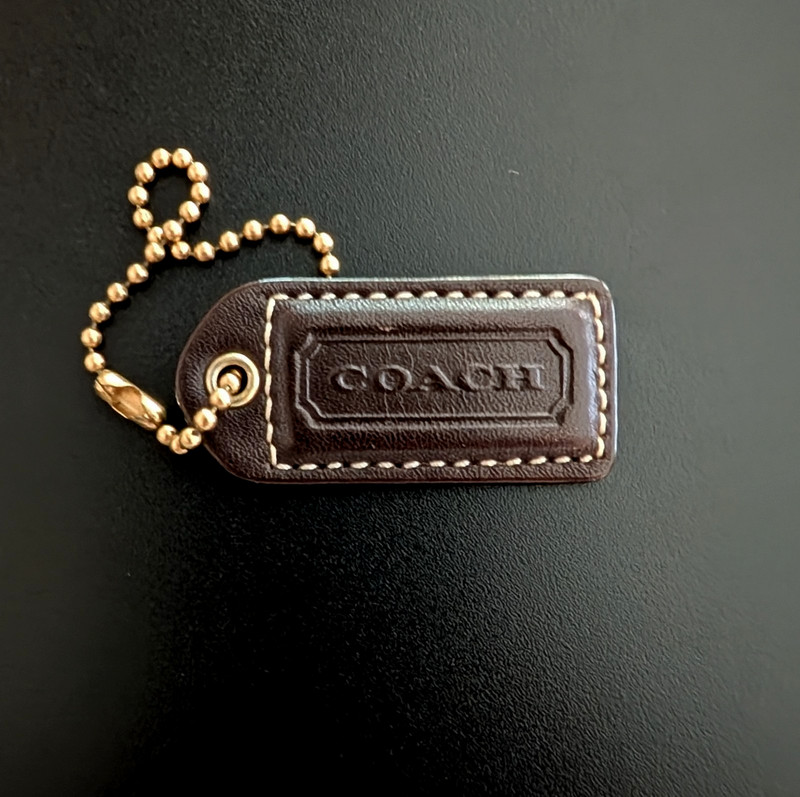 Coach Hangtag Dark Brown Leather Bag Wristlet Charm 1 7/8”X 7/8” Brass Hardware