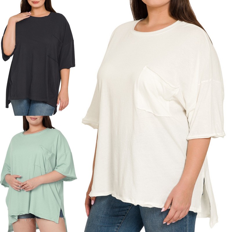 Round Neck Raw Edge Oversized Short Sleeve Front Pocket T-Shirt Hi-Low Hem Top