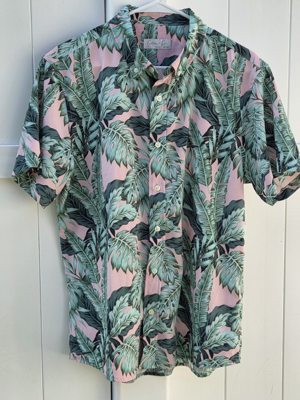 Cotton & Co Button Down Mens XXL Pink Tropical Palm Leaf Excellent Short Sleeve