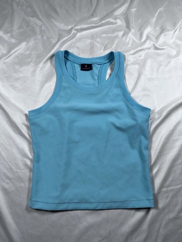 Vively Women’s Blue Ribbed Racerback Tank Scoop Neck Stretch Size M