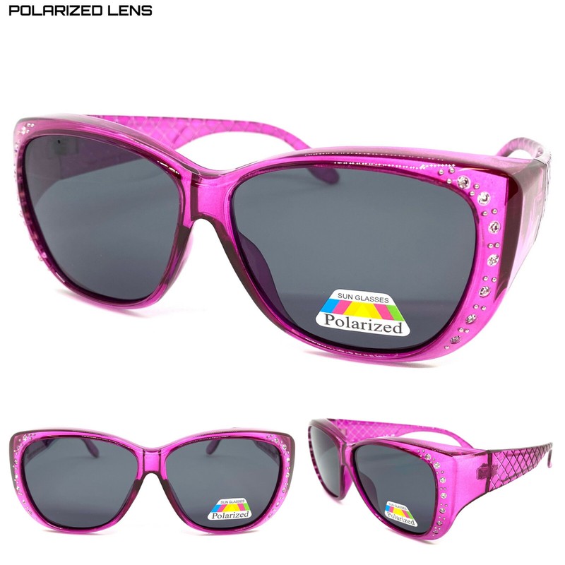 BLING WRAP AROUND DRIVING POLARIZED SUN GLASSES Fuchsia Frame Over RX Glass Fit
