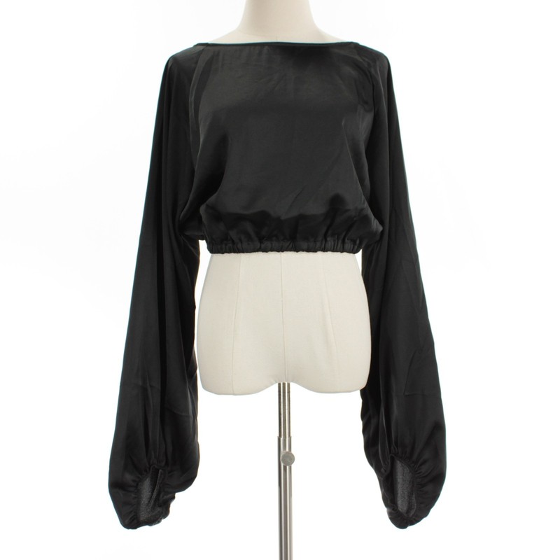 Weworewhat NWT Billow Long Sleeve Open Back Satin Crop Top Size L in Black