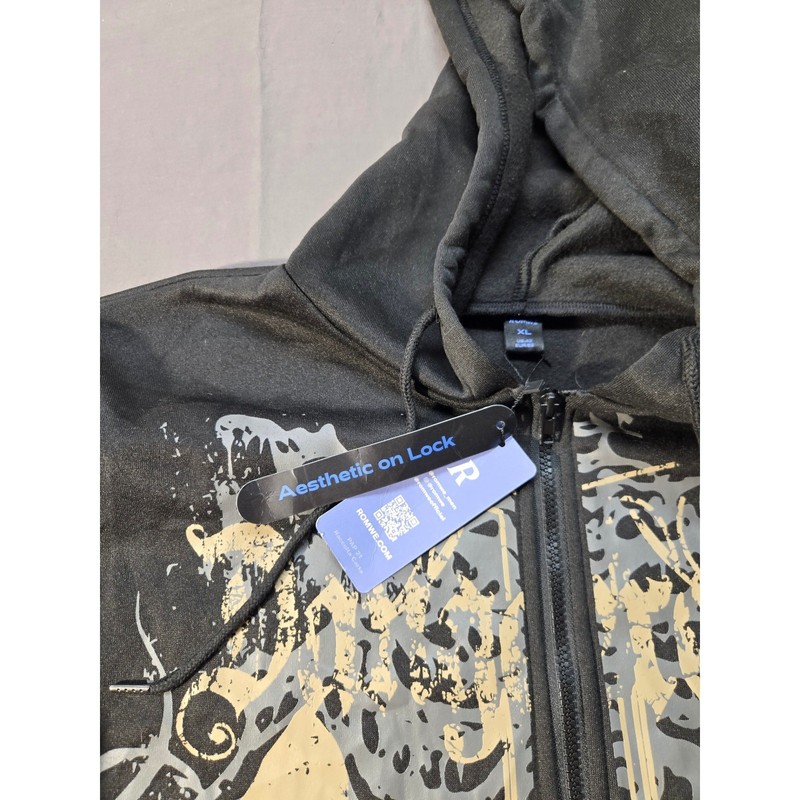 Romwe Mens XL Black Graphic Zip Up Hoodie Gothic Streetwear Sweatshirt NEW gallery