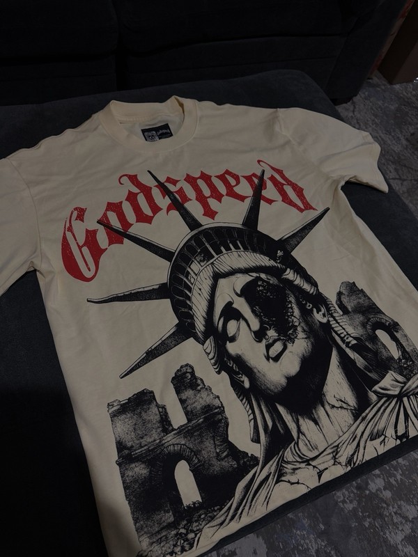 Men’s Beige Statue of Liberty Graphic Crew Neck Short Sleeve Cotton Jersey Tee L