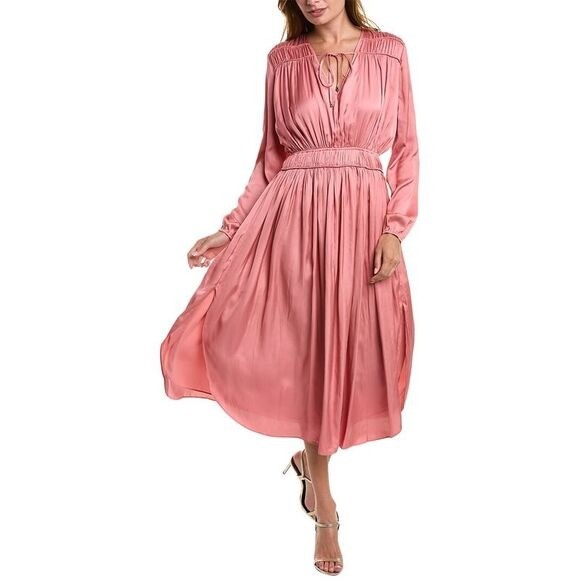 Elie Tahari Shirred Maxi Dress Pink Satin Sorbet Keyhole V-Neck Tie Sz Large