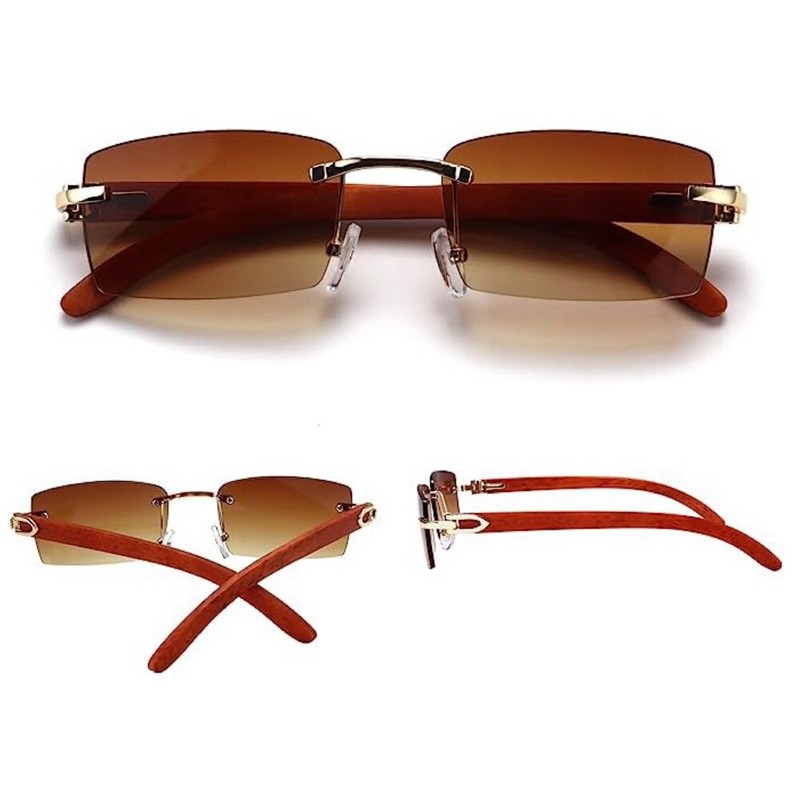 Mens Women's Gold Frame Rimless Woodgrain Brown Tint Buffs Hip Hop Sunglasses gallery
