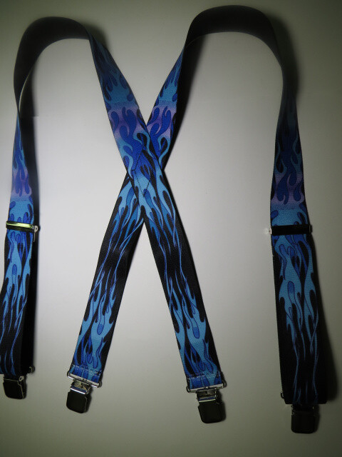 Men’s X Style Suspenders with Blue Flames Clips and Trigger Snaps, USA Made