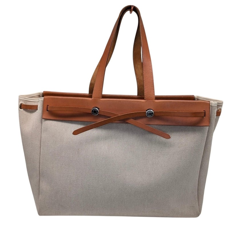 Hermes Vintage Natural Toile and Vache Calfskin Leather Herbag Cabas gallery