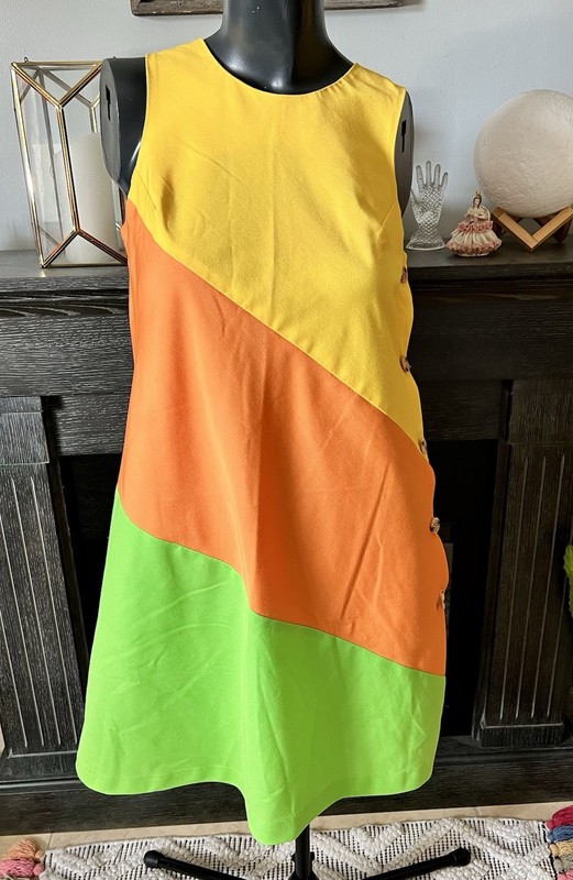 Vintage 60s/70s Mod Style Yellow Orange & Green Striped Dress By Happenings M