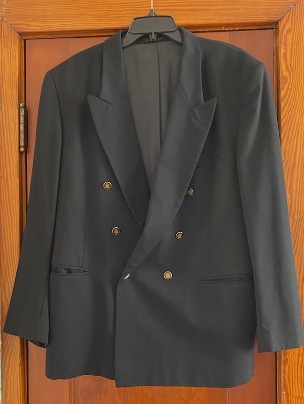 VTG Black Double Breasted Blazer Wool Gold Black Enamel Epoxy Buttons 44R