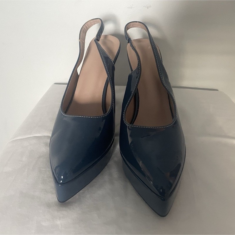 Women’s Blue Patent Leather Pointed Toe Slingback Platform Pumps US 10