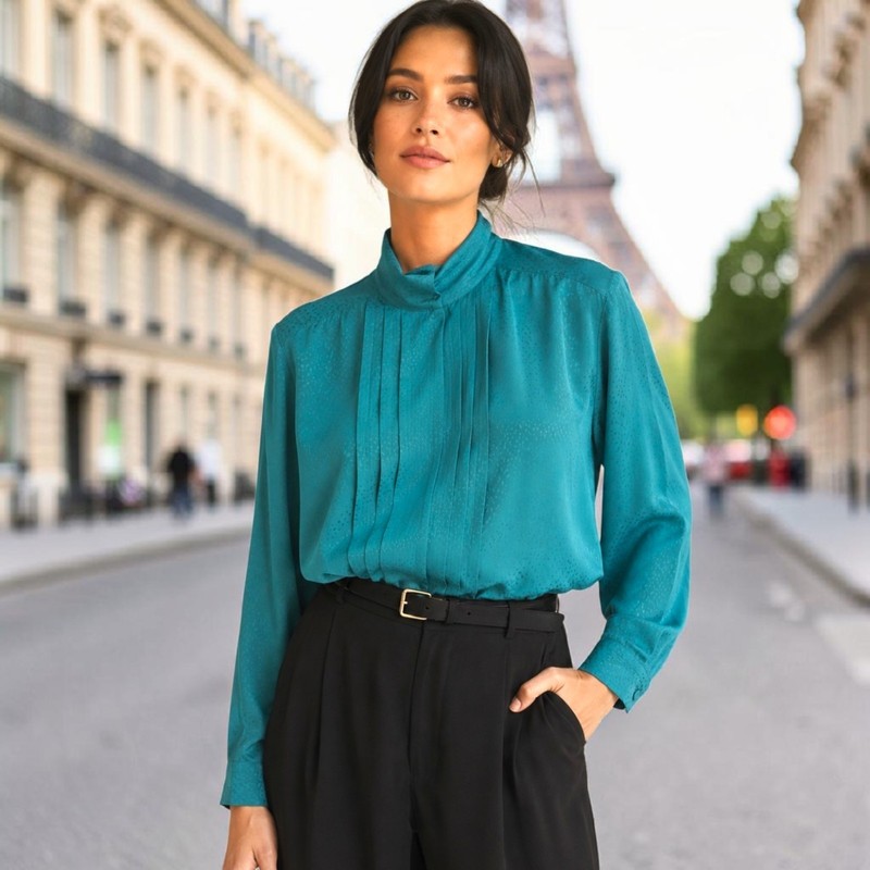 SK & Co Silky Career Blouse 10 M High Neck Top Pleated Flowy Office Corpcore