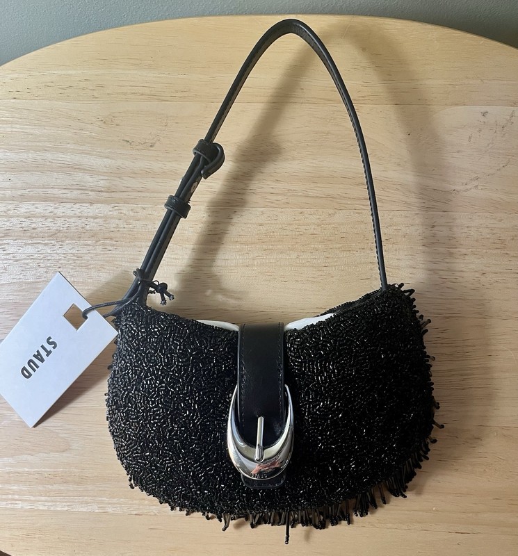STAUD Allana Black Beaded Fringe Crescent Shoulder Bag