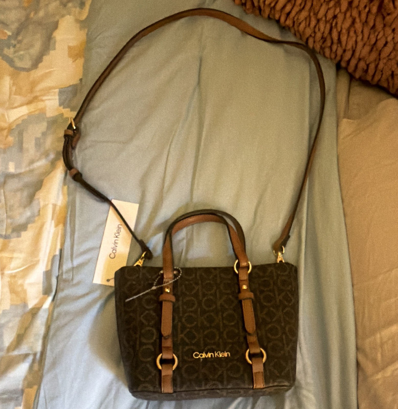 Calvin Klein Brown Monogram Small Crossbody Satchel Zip Gold Hardware Logo Strap