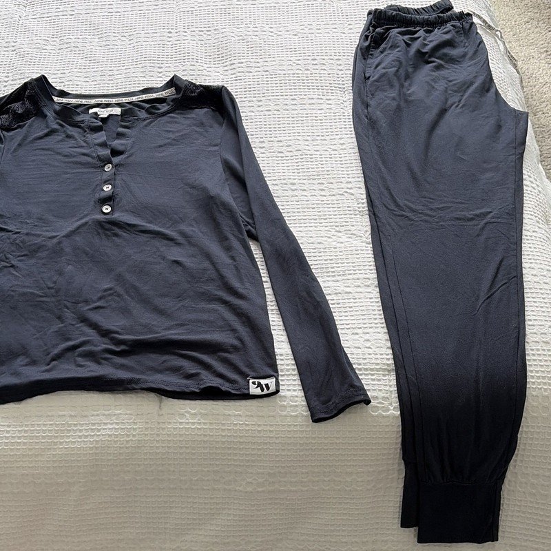 Nine West Women’s Navy Solid Henley Long Sleeve Pajama Set Button Lace S/P gallery