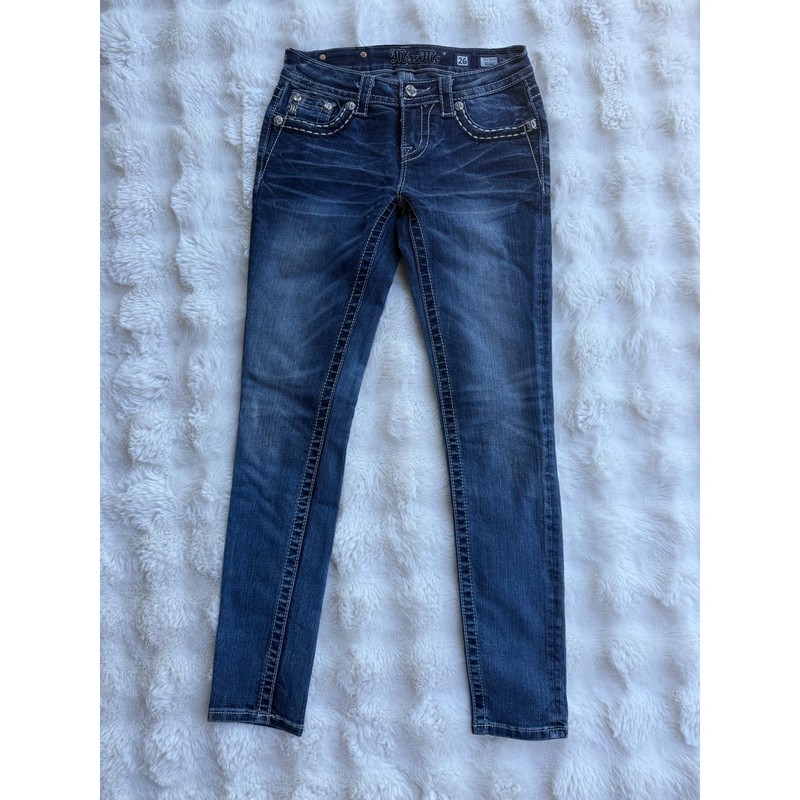 Miss Me Mid Rise Skinny Jeans 26 Dark Wash Wing Embellished Rhinestone Y2K