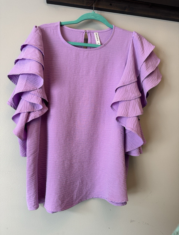 Zenana Purple Solid Round Neck Ruffle Short Sleeve Button Blouse L