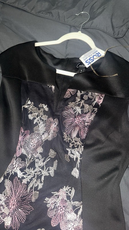 Connected Apparel Size 12 Black Satin Floral Sheath Boat Neck Zip Lined Dress gallery