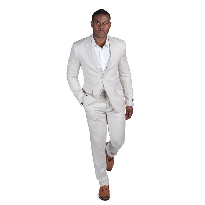 Slim Fit Tan Men’s Linen Suit 2 Button Notch Lapel Flat Front Pants AZAR MAN