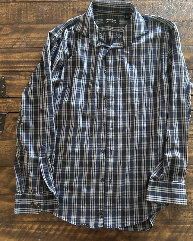 Nordstrom Tech-Smart Trim Fit Blue/Gray Plaid Long Sleeve Dress Shirt 15.5 32-33