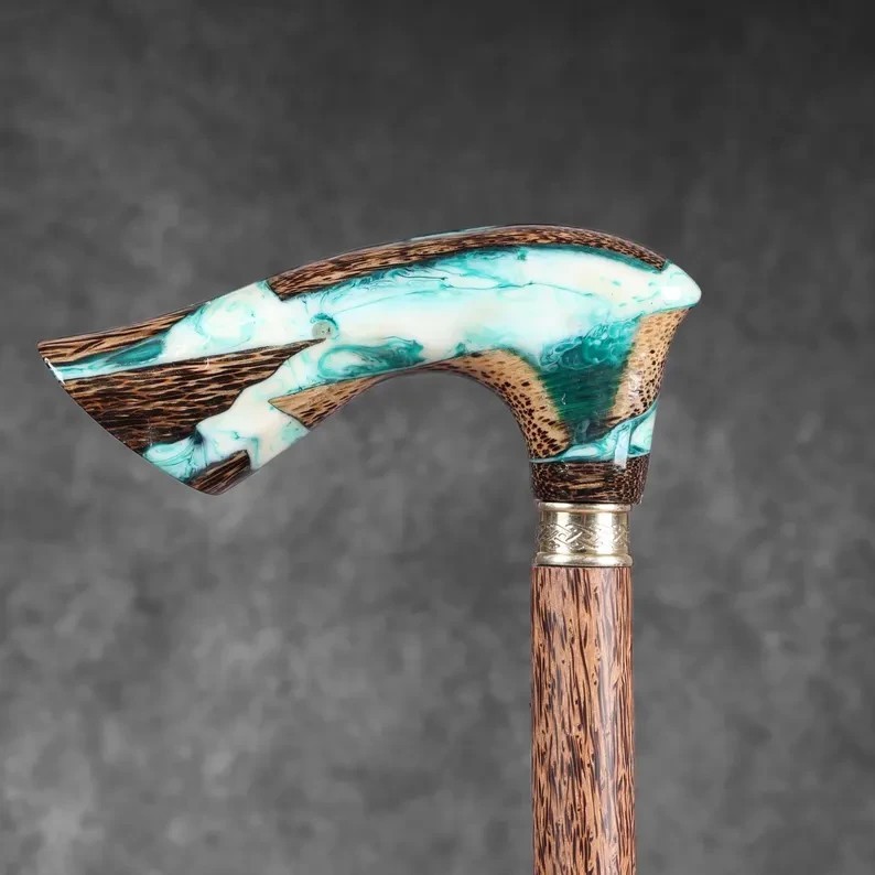 Handmade Palm Wood Walking Stick: Epoxy Resin & Brass Accents