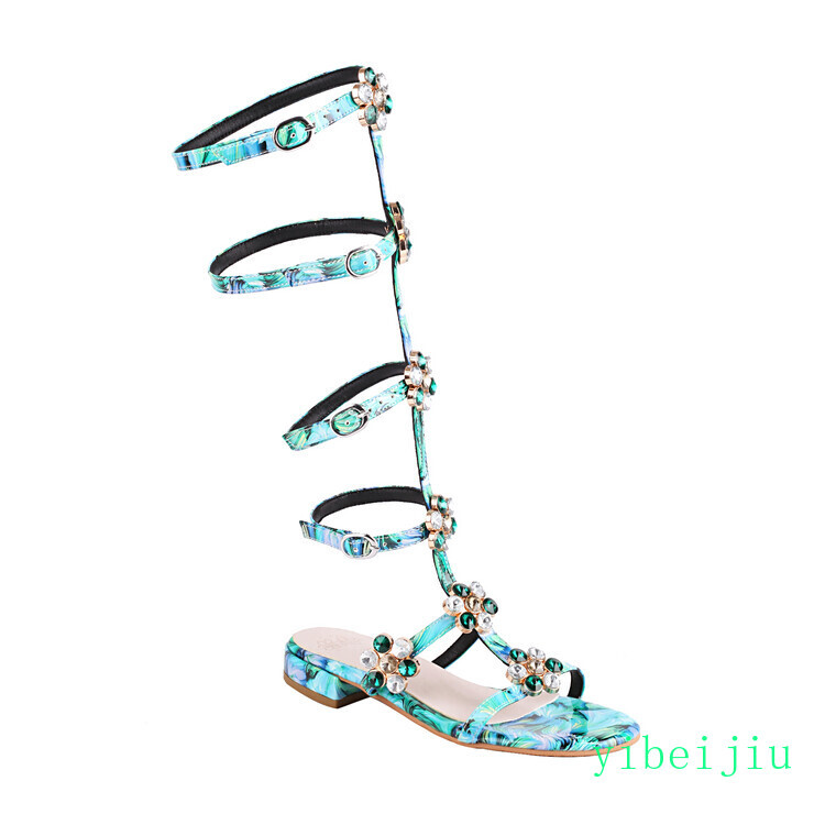 Women’s Roman Gladiator Knee High Boots Rhinestones Flower Sandals Shoes Casual