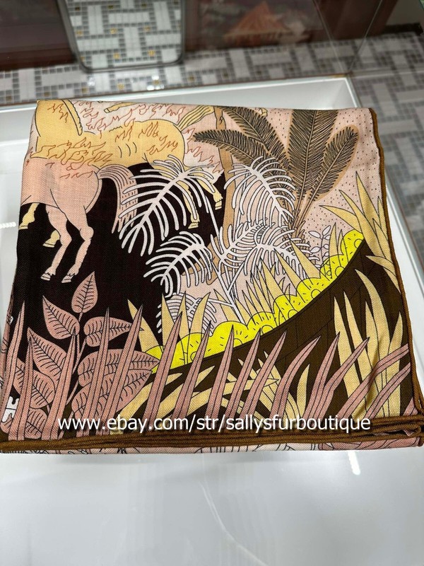 Sally Cashmere & Silk Wrap Scarf Animals Print Double Face Shawl Hand Rolled 53" gallery