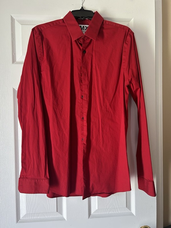Express 1MX Extra Slim Fit Red Solid Stretch Dress Shirt L 16-16 1/2