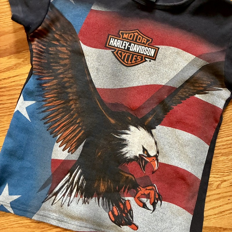 VINTAGE 90s Harley Davidson American Eagle All-Over-Print T-shirt Women’s Medium gallery