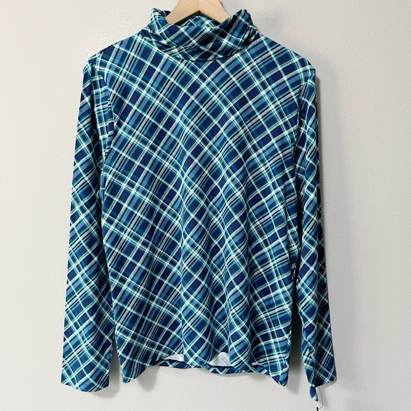Talbots NWT Cotton Turtleneck Tee Sunflower Plaid India Ink Multi Blue Size XL
