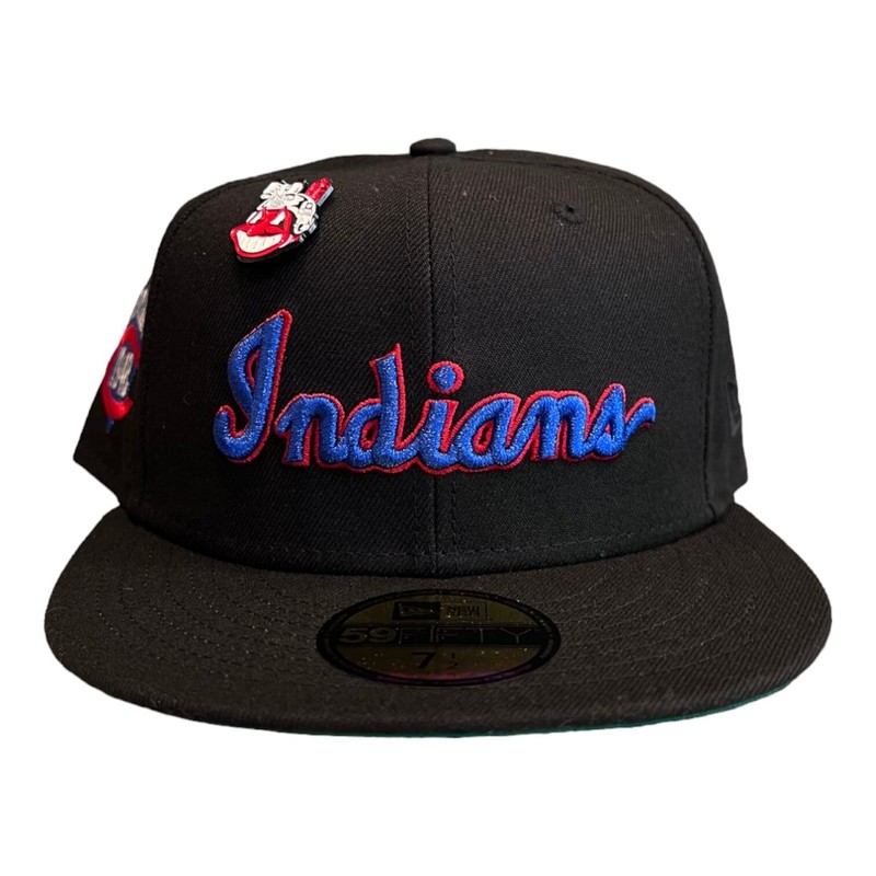 New Era Cleveland Indians 59FIFTY Fitted Hat Cap Black W/ Chief Wahoo Pin 7 3/4 gallery