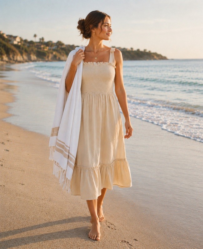 NEW Size MEDIUM, Summer Boho Sundress, Cotton Linen-Look, Tie-strap Ruffle Beach