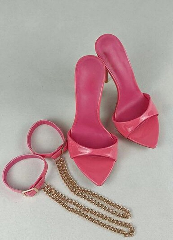 Sexy Women's Glossy Open Toe Mules Slides Dress Chain High Heels Shoes Slingback gallery