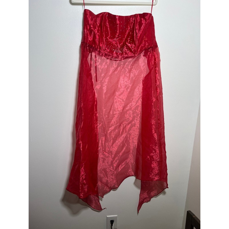Vintage Red Rhinestone Corset Top with Sheer High Low Organza Train