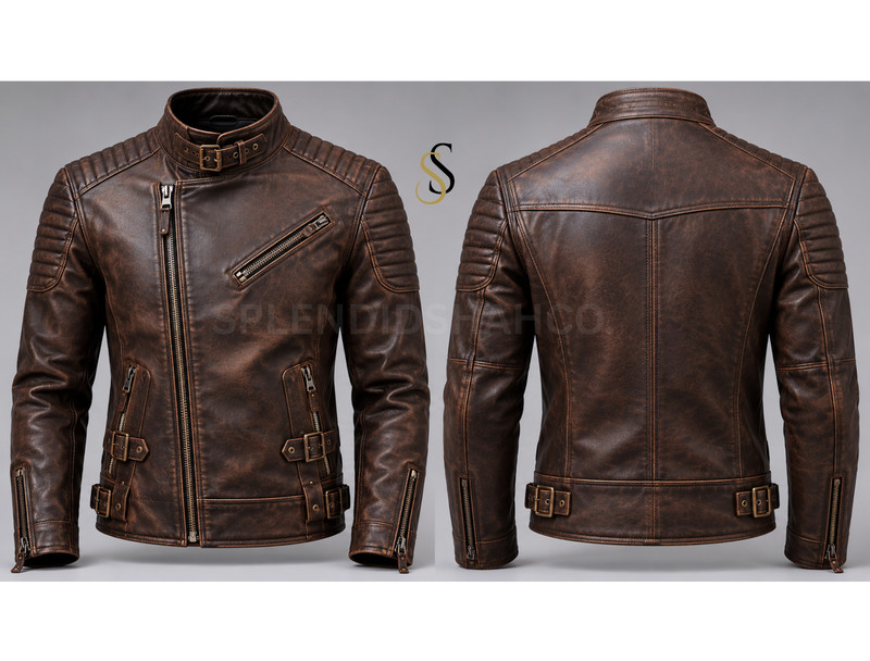 Mens Genuine Cowhide Leather Jacket Brown Biker Motorcycle YKK Zip Coat