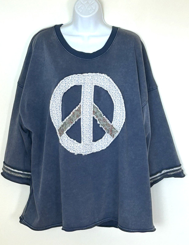 UMGEE Blue Mineral Washed Sweatshirt Peace Sign Patch Floral Patchwork Boho 2XL