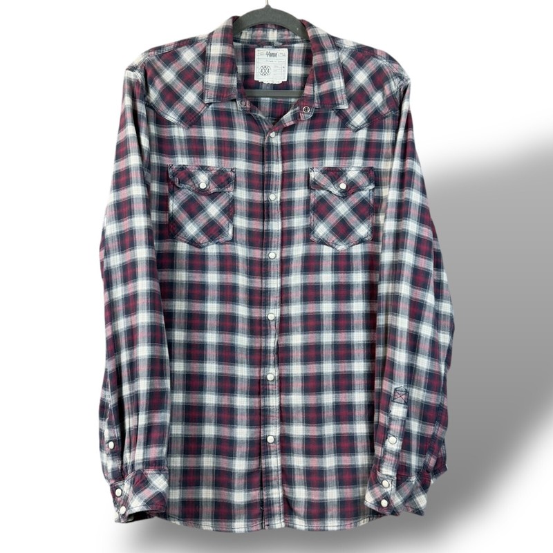 44MM Legendary Workwear Shirt Mens Size L Red Plaid LS Pearl Snap Western Pocket