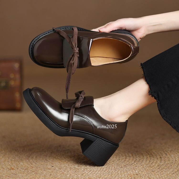 Women's Lace Up Round Toe 6cm Mid Block Heels British Style Shoes Fashion Spring gallery